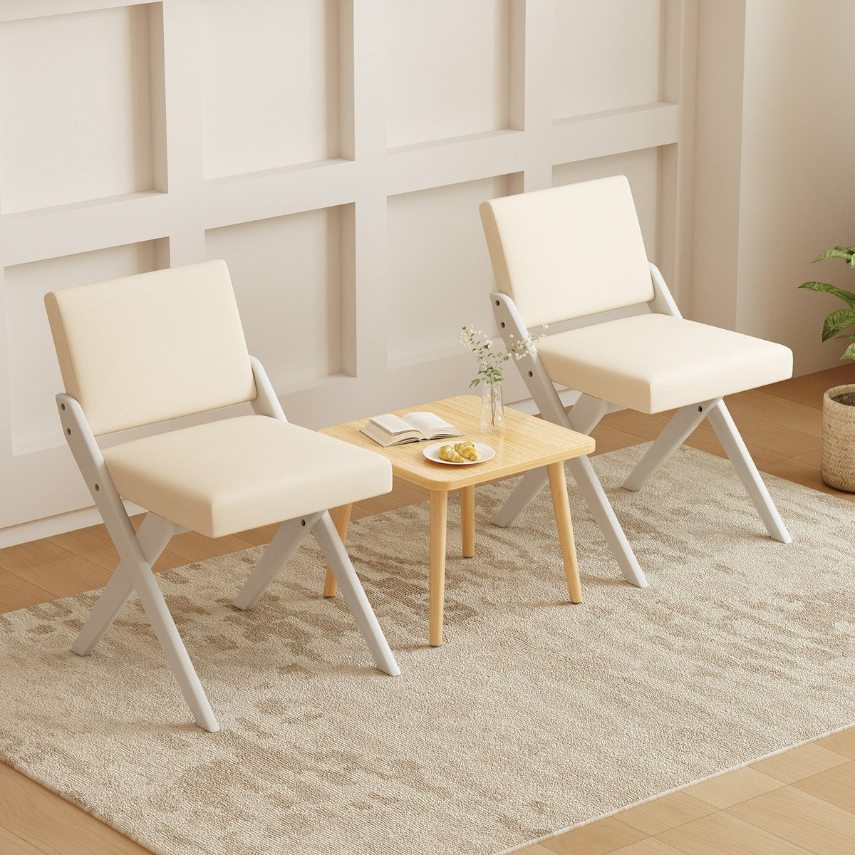 Wooden Dining Chairs of 2 with Rubber Wood Frame and Padded Cushions-White view 2