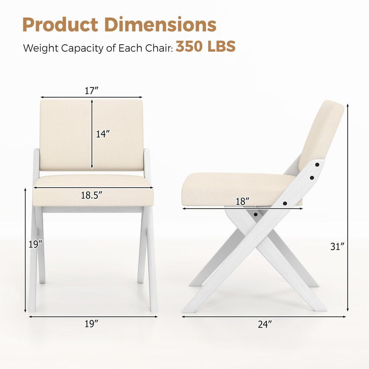 Wooden Dining Chairs of 2 with Rubber Wood Frame and Padded Cushions-White view 4