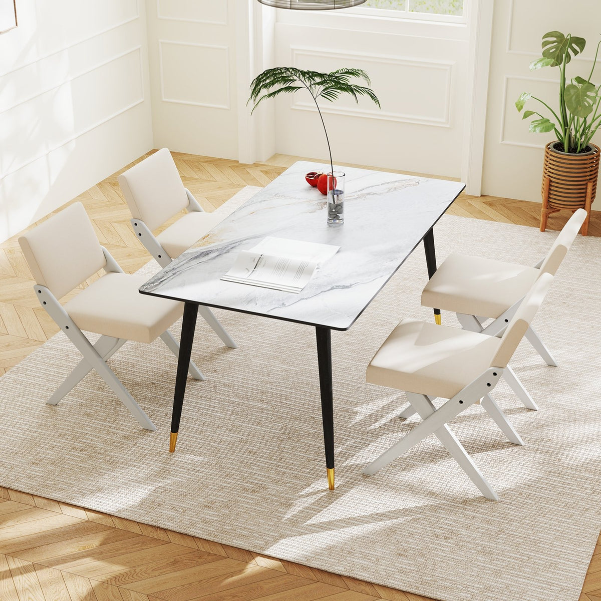 Wooden Dining Chairs of 2 with Rubber Wood Frame and Padded Cushions-White view 6