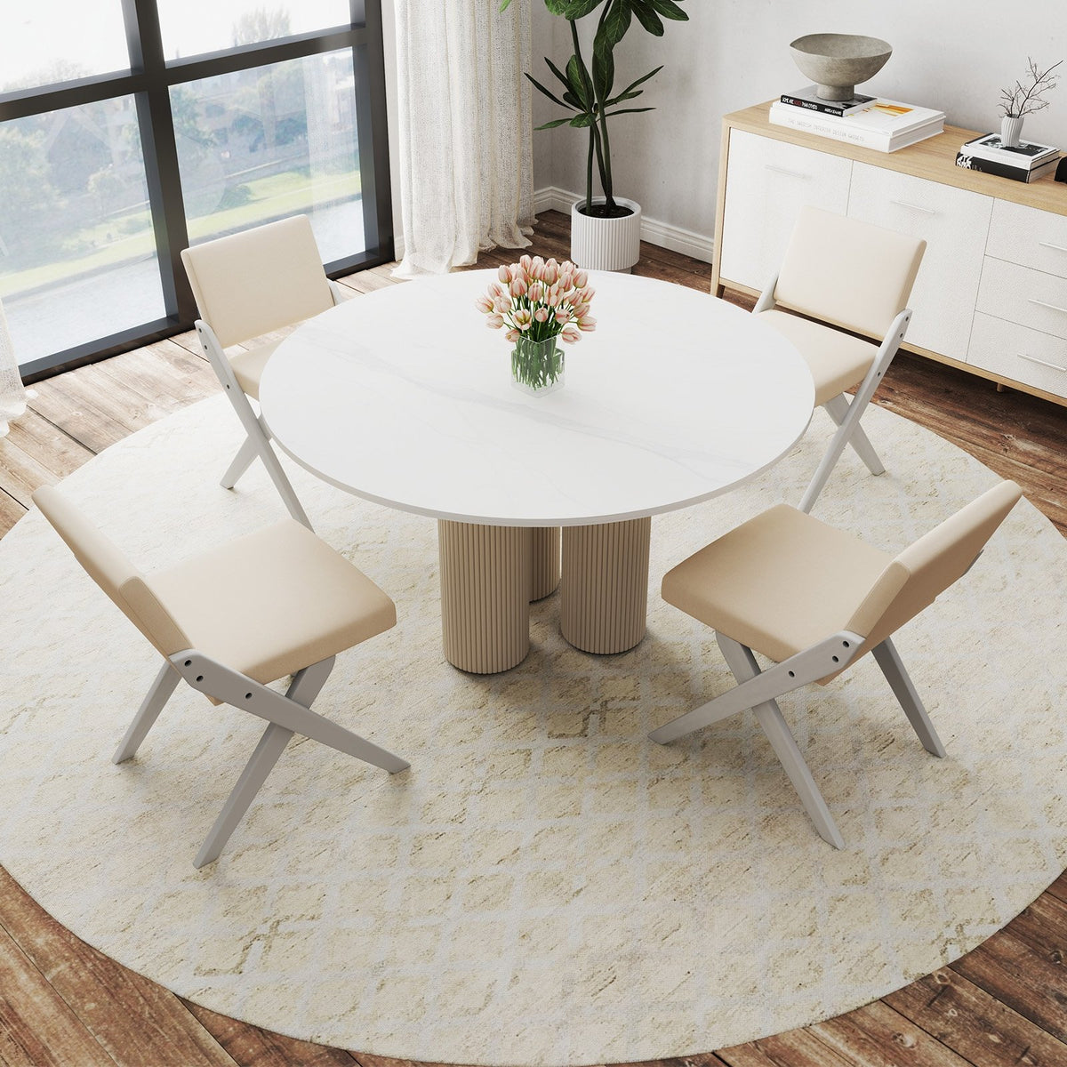 Wooden Dining Chairs of 2 with Rubber Wood Frame and Padded Cushions-White view 7
