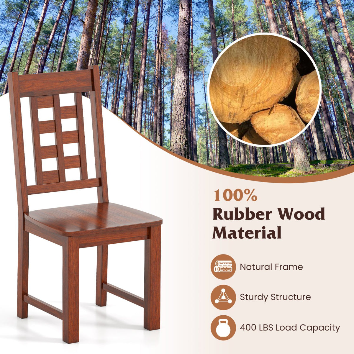 Wooden Dining Chairs Set of 2 Kitchen Chair with Solid Rubber Wood Frame-Walnut view 6