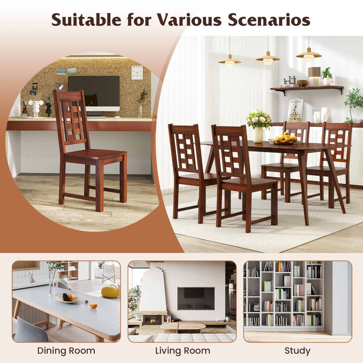 Wooden Dining Chairs Set of 2 Kitchen Chair with Solid Rubber Wood Frame-Walnut view 8