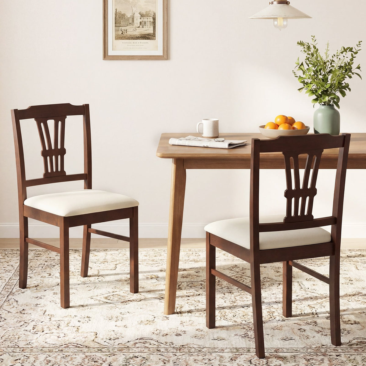 Wooden Dining Chairs Set of 2 Upholstered Kitchen Chairs with Solid Rubber Wood Frame-Beige view 2