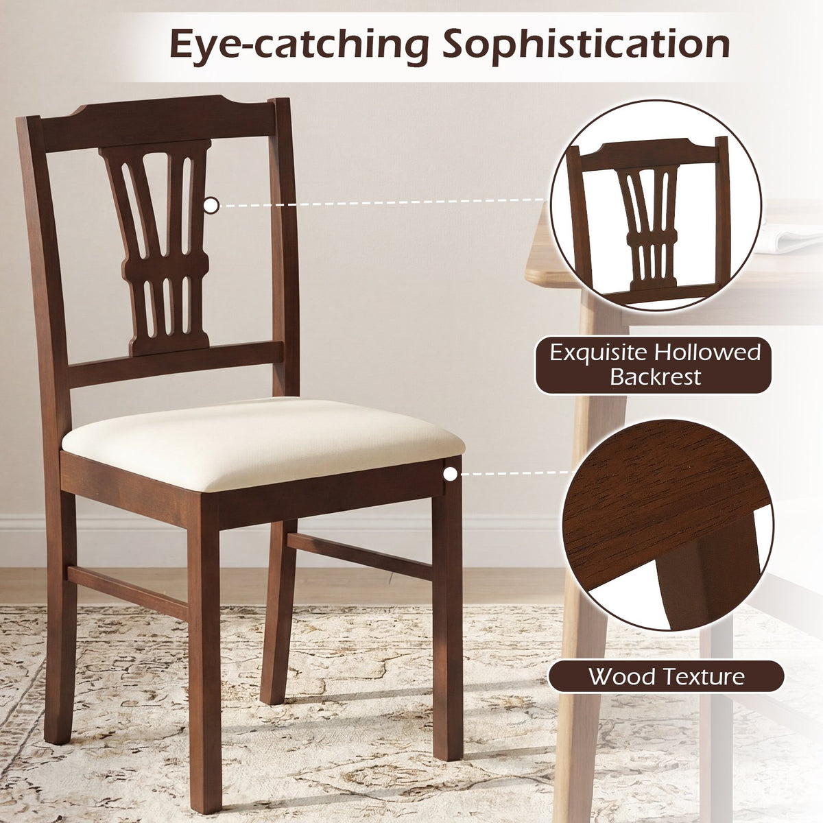 Wooden Dining Chairs Set of 2 Upholstered Kitchen Chairs with Solid Rubber Wood Frame-Beige view 8