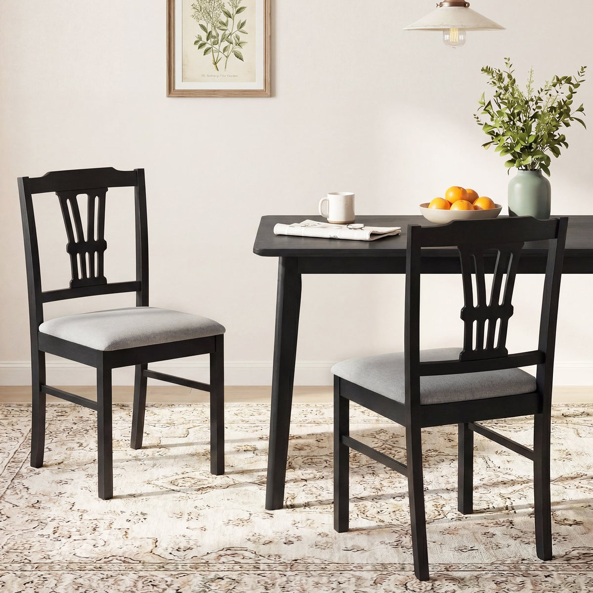 Wooden Dining Chairs Set of 2 Upholstered Kitchen Chairs with Solid Rubber Wood Frame-Gray view 2