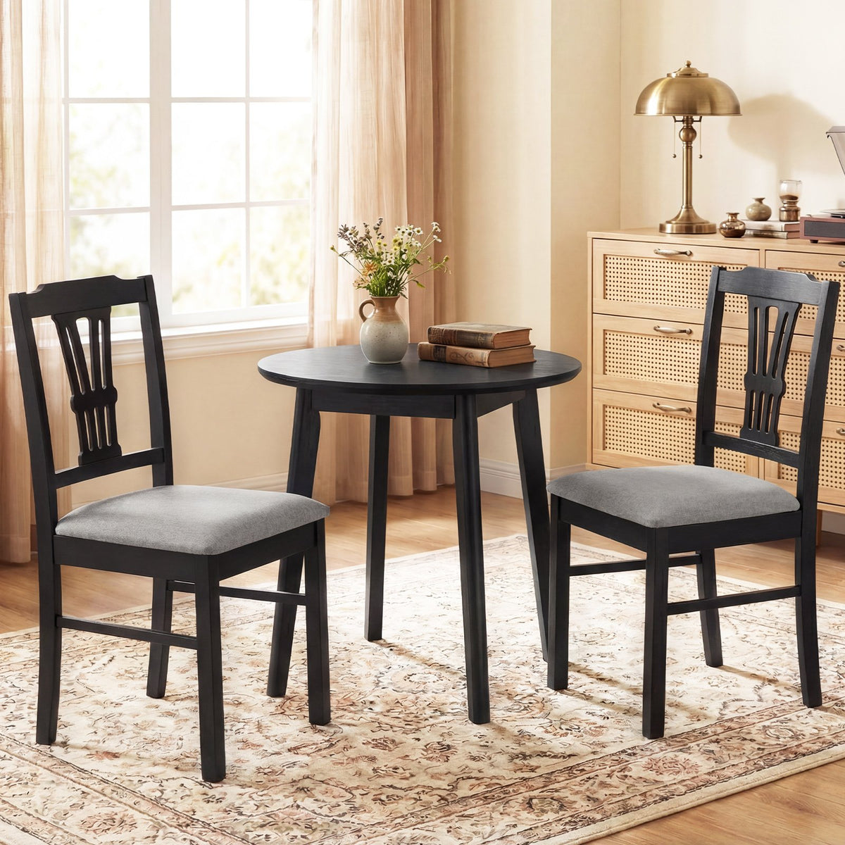 Wooden Dining Chairs Set of 2 Upholstered Kitchen Chairs with Solid Rubber Wood Frame-Gray view 3
