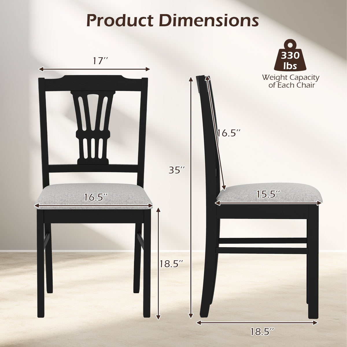 Wooden Dining Chairs Set of 2 Upholstered Kitchen Chairs with Solid Rubber Wood Frame-Gray view 4
