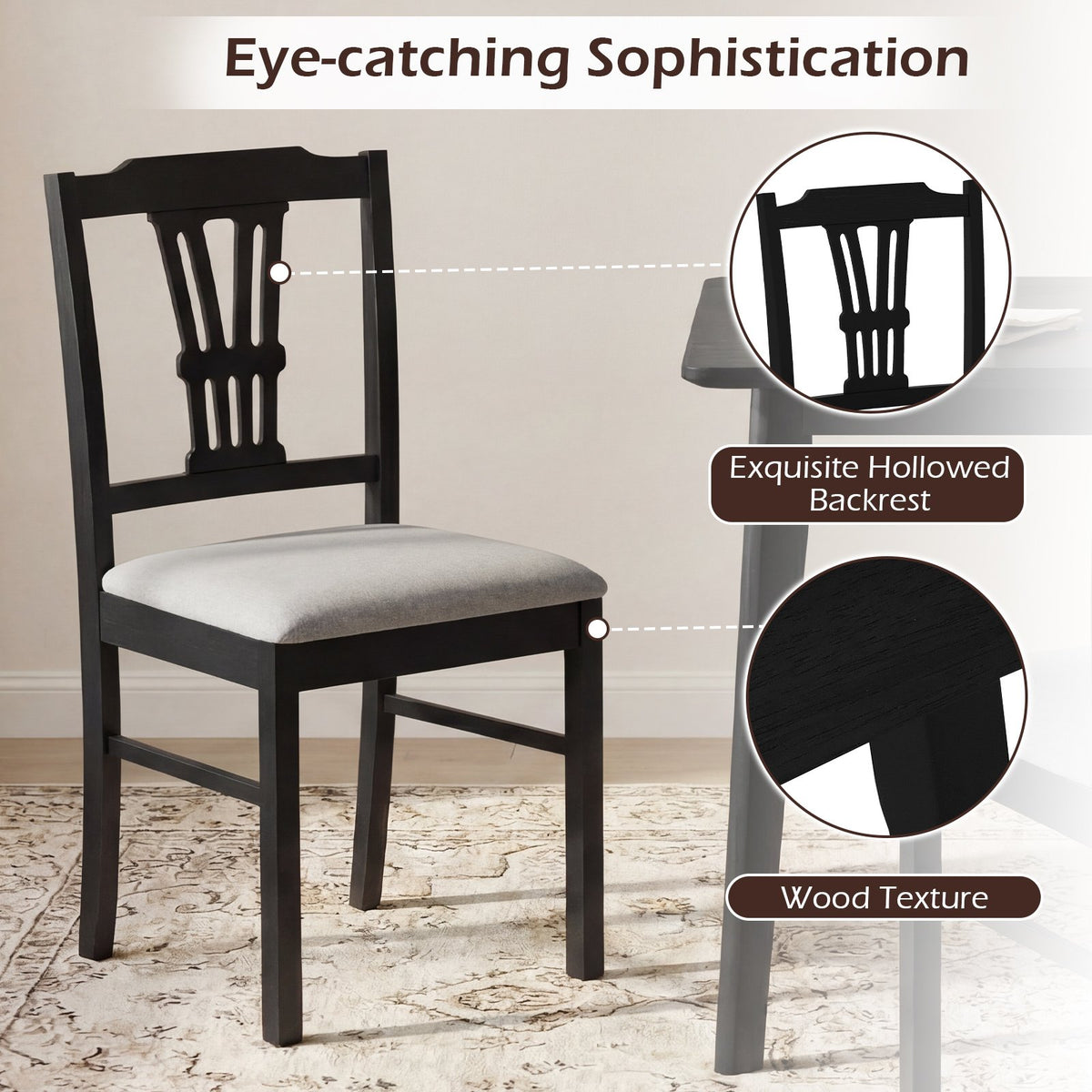 Wooden Dining Chairs Set of 2 Upholstered Kitchen Chairs with Solid Rubber Wood Frame-Gray view 8