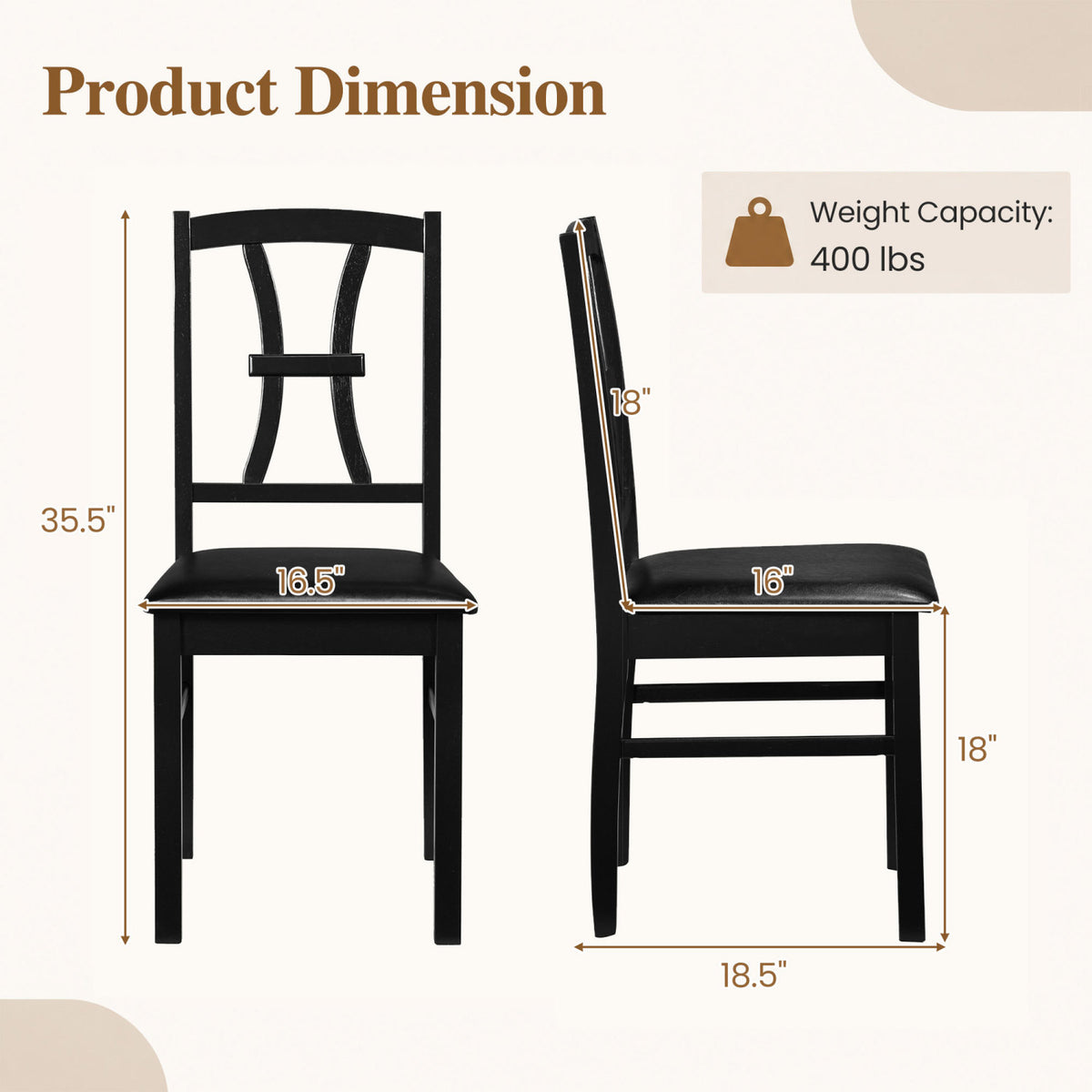 Wooden Dining Chairs Set of 2 with Faux Leather Padded Seat for Kitchen-Black view 4