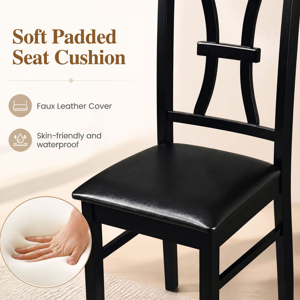 Wooden Dining Chairs Set of 2 with Faux Leather Padded Seat for Kitchen-Black view 7