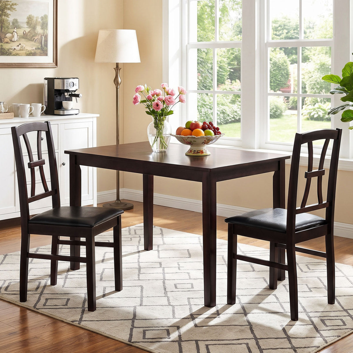 Wooden Dining Chairs Set of 2 with Faux Leather Padded Seat for Kitchen-Brown view 2