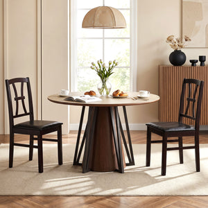 Wooden Dining Chairs Set of 2 with Faux Leather Padded Seat for Kitchen-Brown view 3