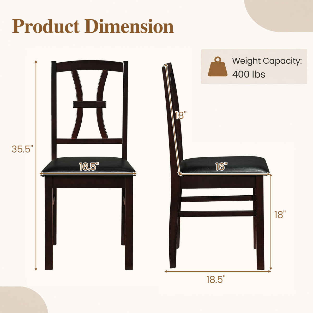 Wooden Dining Chairs Set of 2 with Faux Leather Padded Seat for Kitchen-Brown view 4