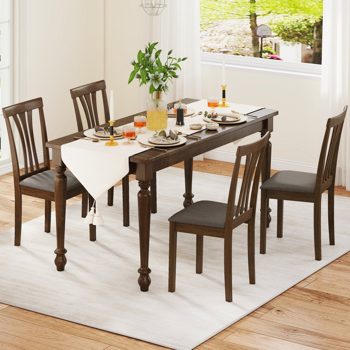 Wooden Dining Chairs Set of 2 with Linen Fabric Upholstered and Rubber Wood Frame-Brown view 3