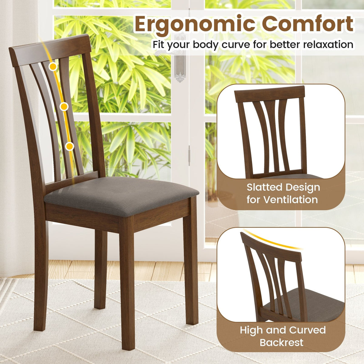 Wooden Dining Chairs Set of 2 with Linen Fabric Upholstered and Rubber Wood Frame-Brown view 6