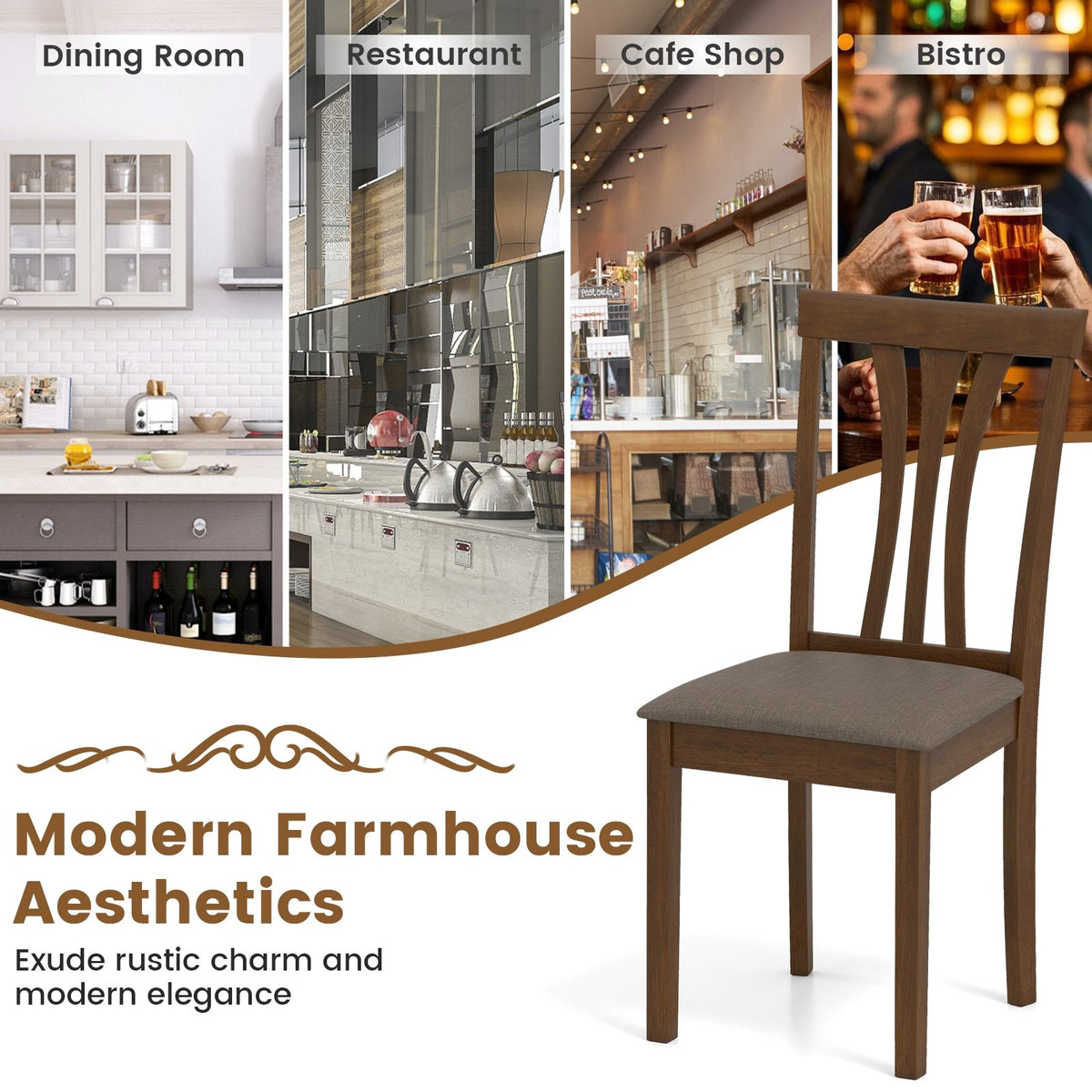 Wooden Dining Chairs Set of 2 with Linen Fabric Upholstered and Rubber Wood Frame-Brown view 7