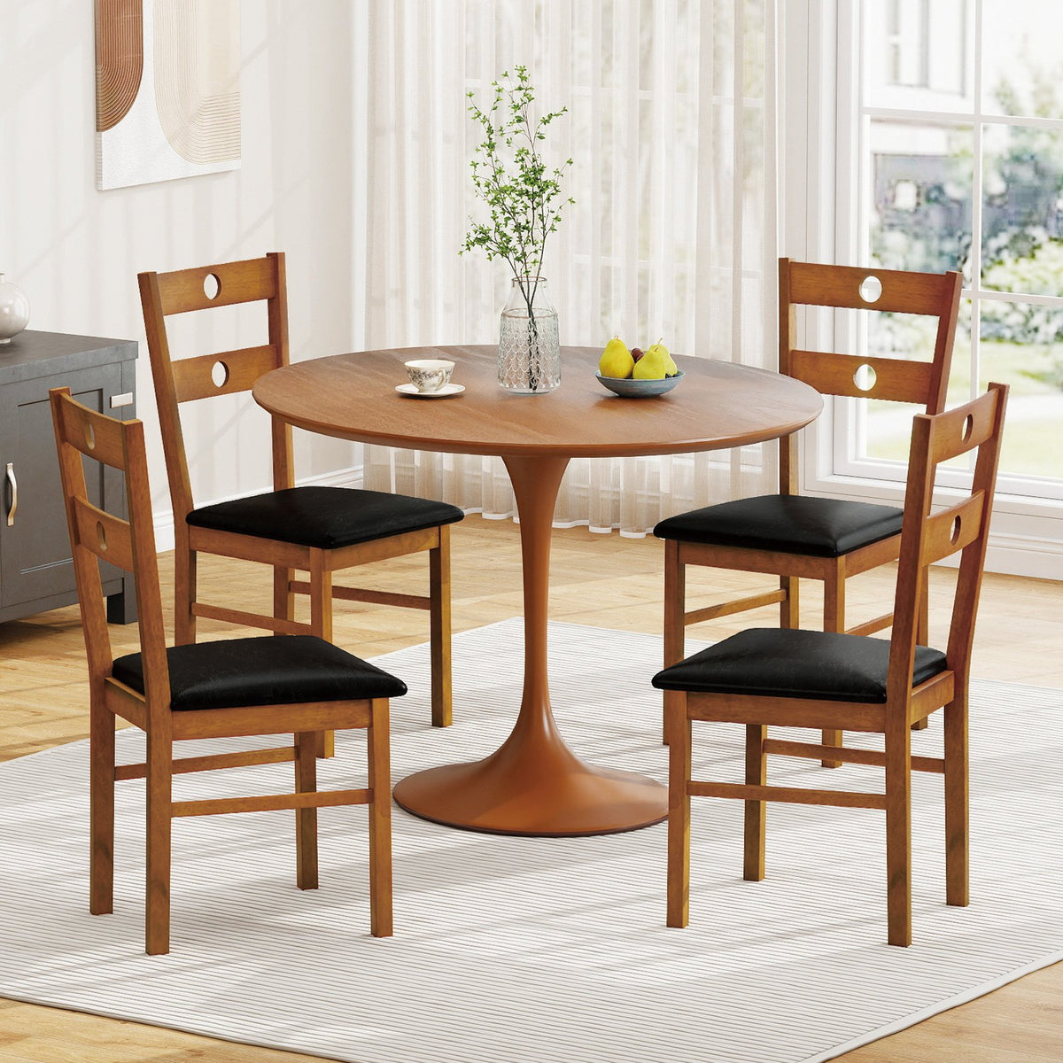 Wooden Dining Chairs Set of 4 Armless Kitchen Chairs with Hollowed Backrest-Brown view 3
