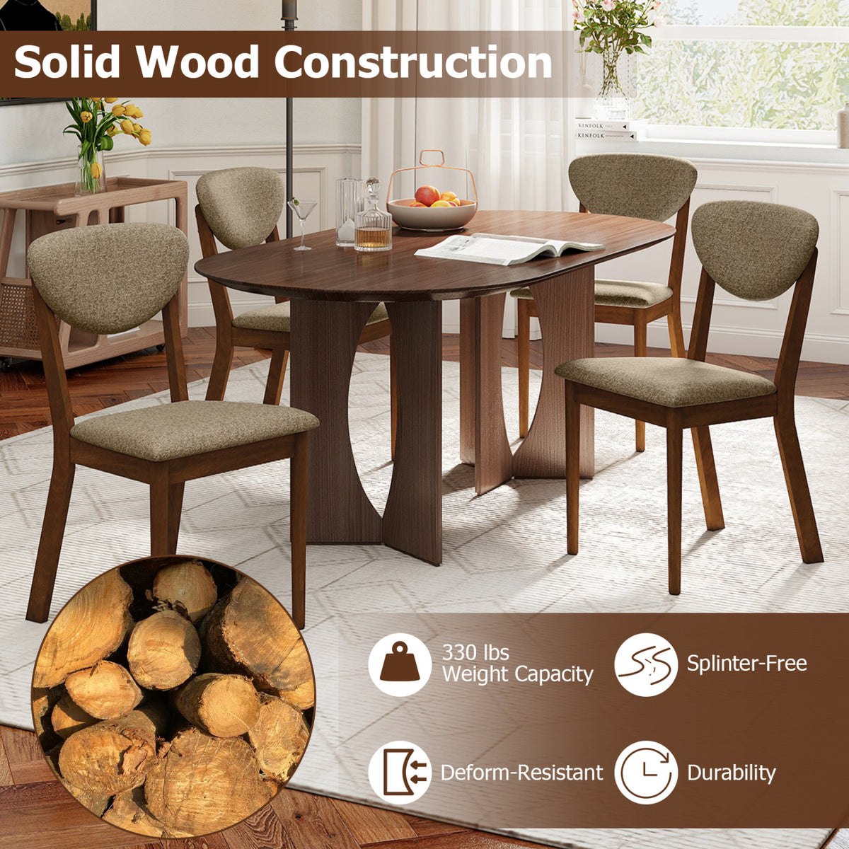 Wooden Dining Chairs Set of 4 with Padded Seat Back for Dining Room-Brown view 4