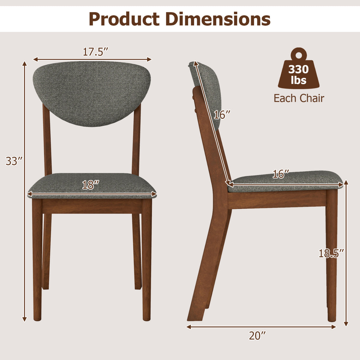 Wooden Dining Chairs Set of 4 with Padded Seat Back for Dining Room-Gray view 3