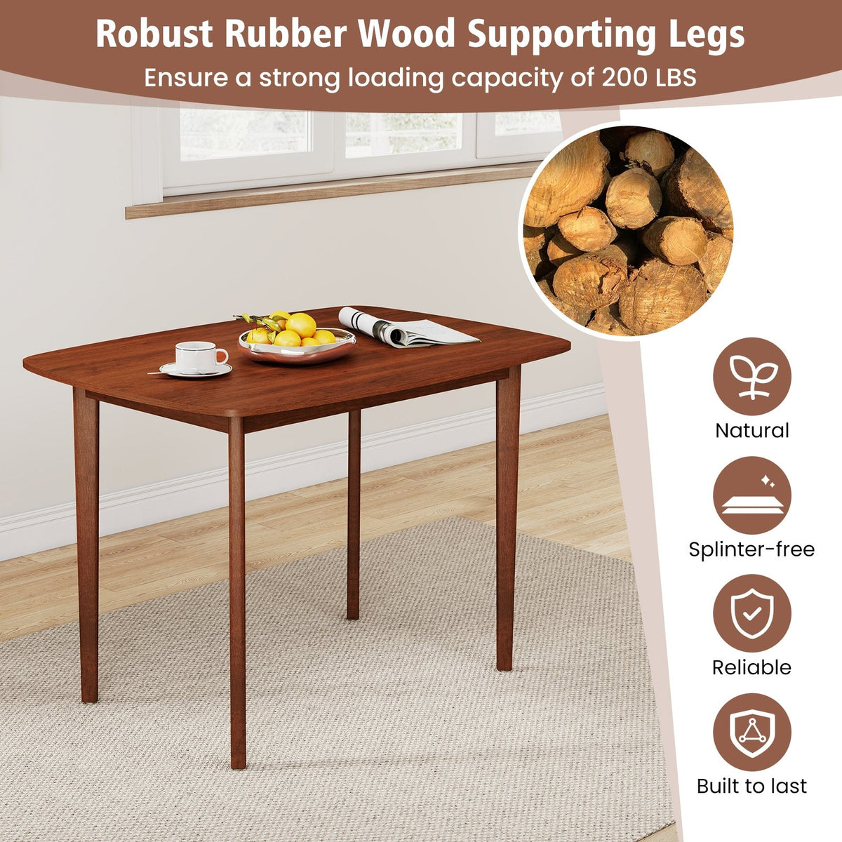 Wooden Dining Table for 2-4 People Kitchen Table with Rubber Wood Legs-Walnut view 7