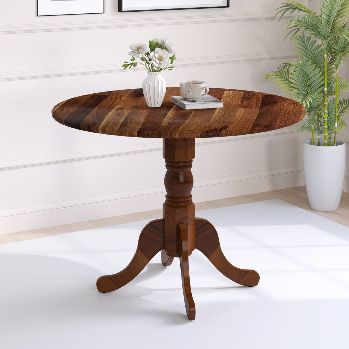 Wooden Dining Table with Round Tabletop and Curved Trestle Legs-Walnut view 2