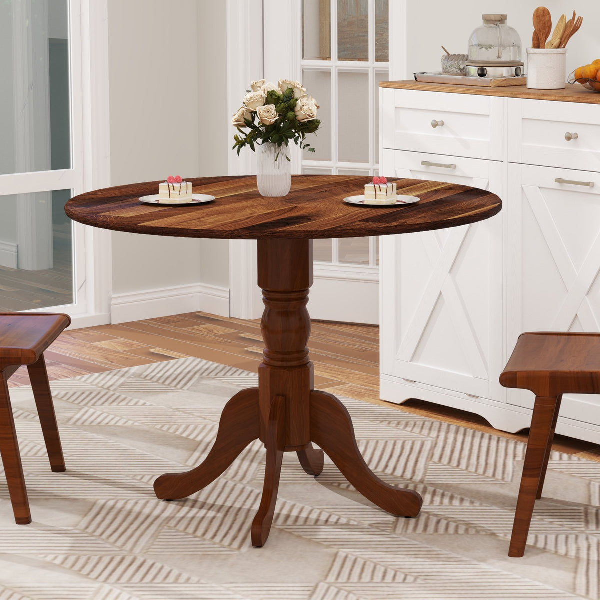 Wooden Dining Table with Round Tabletop and Curved Trestle Legs-Walnut view 3