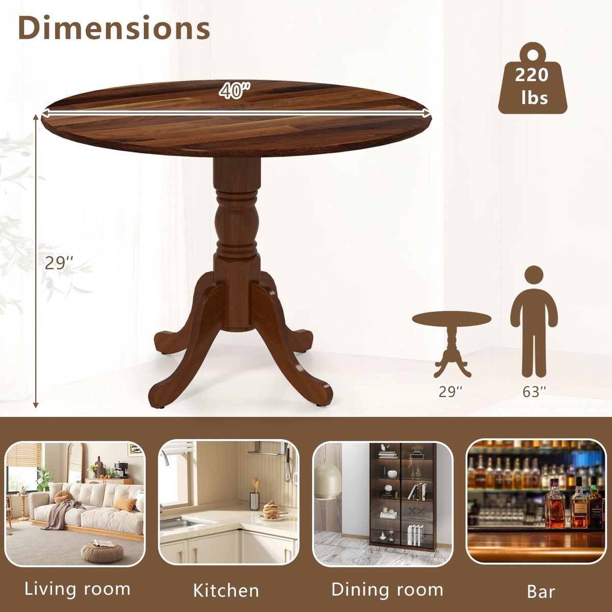 Wooden Dining Table with Round Tabletop and Curved Trestle Legs-Walnut view 4