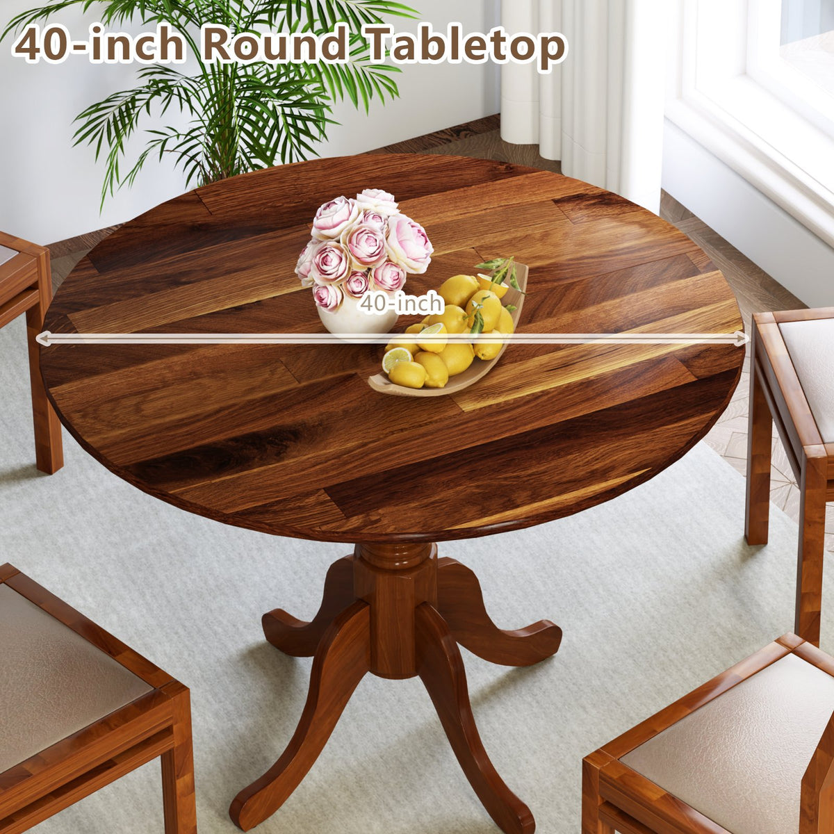 Wooden Dining Table with Round Tabletop and Curved Trestle Legs-Walnut view 5
