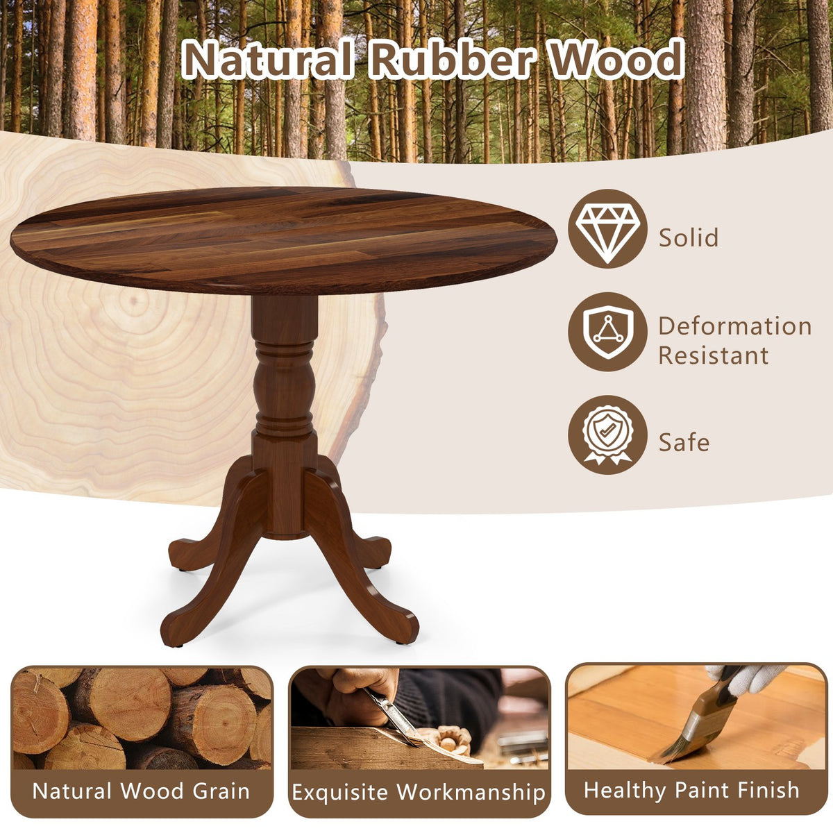 Wooden Dining Table with Round Tabletop and Curved Trestle Legs-Walnut view 7