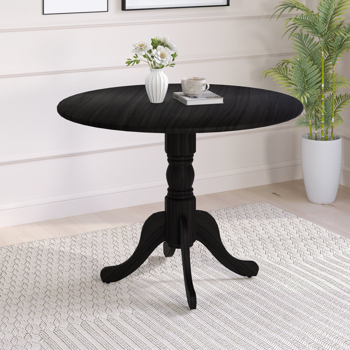 Wooden Dining Table with Round Tabletop and Curved Trestle Legs-Black view 2