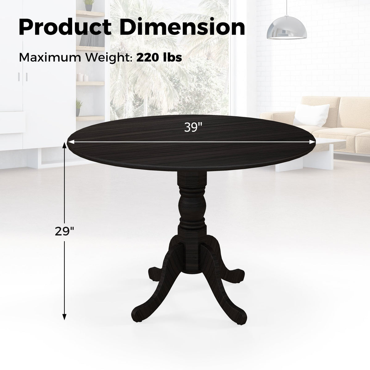 Wooden Dining Table with Round Tabletop and Curved Trestle Legs-Black view 4