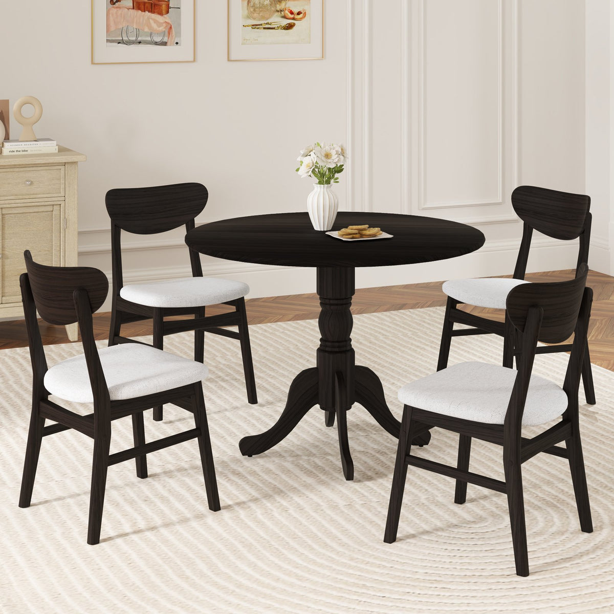 Wooden Dining Table with Round Tabletop and Curved Trestle Legs-Black view 5