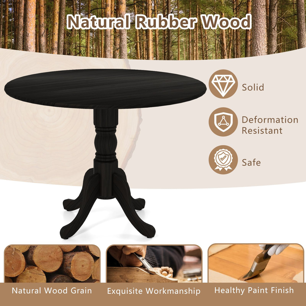Wooden Dining Table with Round Tabletop and Curved Trestle Legs-Black view 8