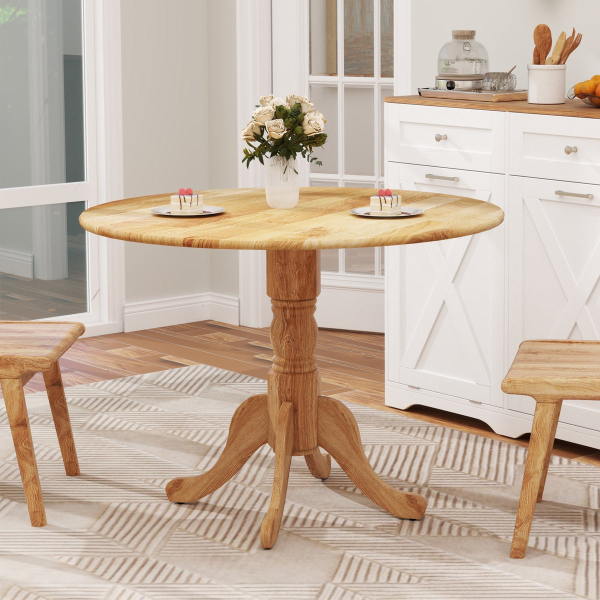 Wooden Dining Table with Round Tabletop and Curved Trestle Legs-Natural view 3
