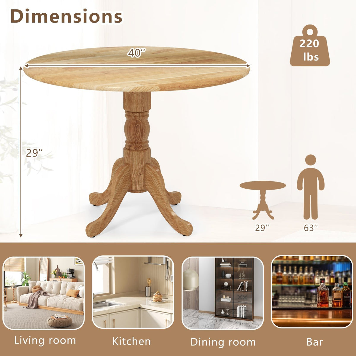 Wooden Dining Table with Round Tabletop and Curved Trestle Legs-Natural view 4