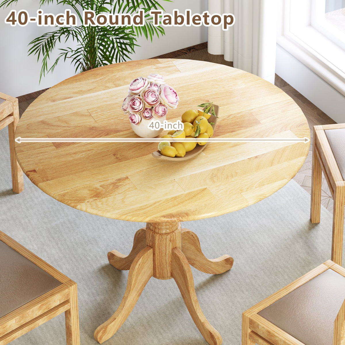 Wooden Dining Table with Round Tabletop and Curved Trestle Legs-Natural view 5