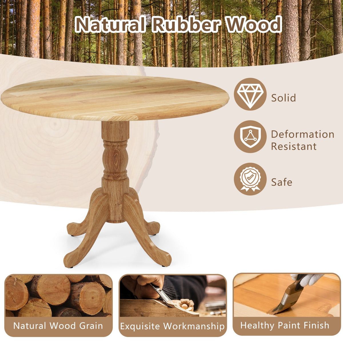 Wooden Dining Table with Round Tabletop and Curved Trestle Legs-Natural view 7
