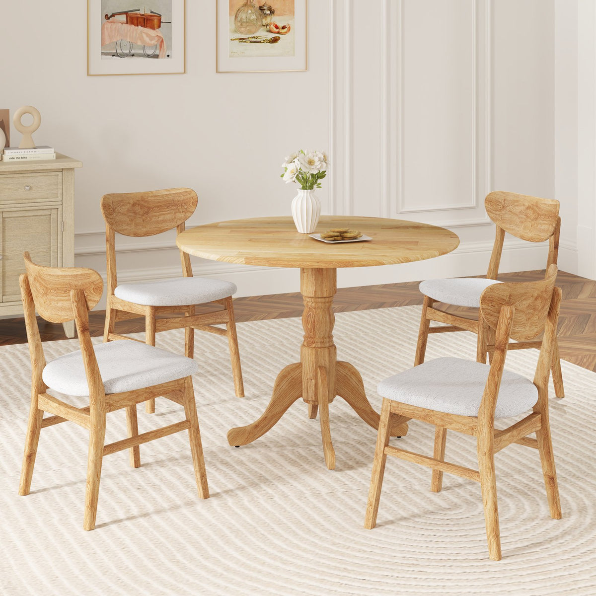 Wooden Dining Table with Round Tabletop and Curved Trestle Legs-Natural view 8