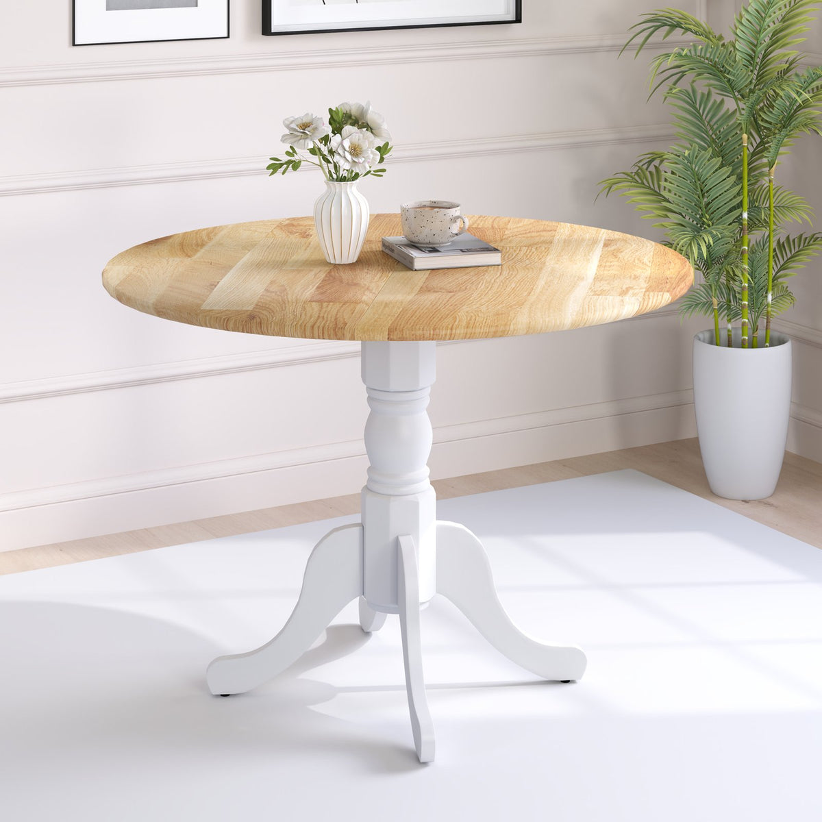 Wooden Dining Table with Round Tabletop and Curved Trestle Legs-Natural & White view 2
