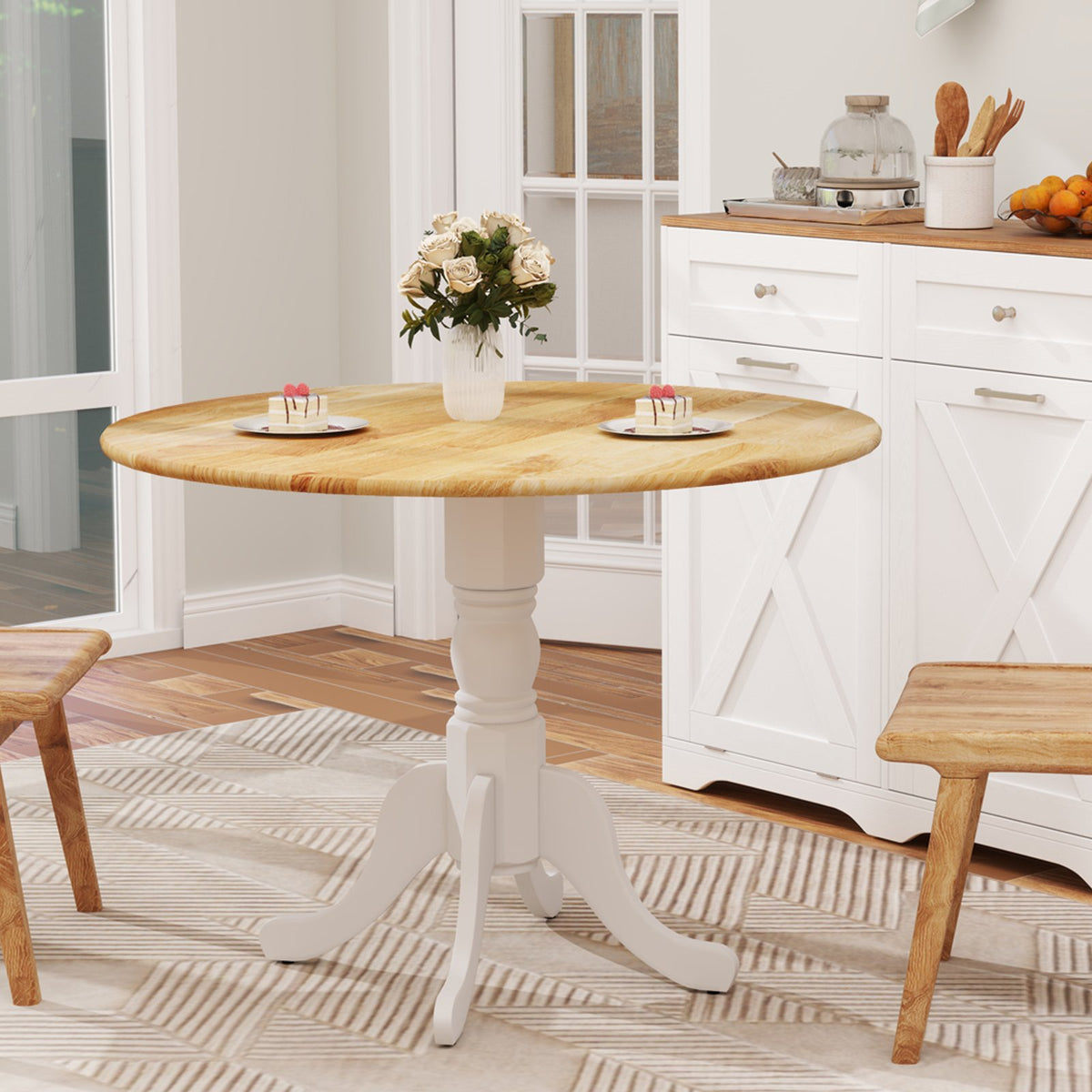 Wooden Dining Table with Round Tabletop and Curved Trestle Legs-Natural & White view 3