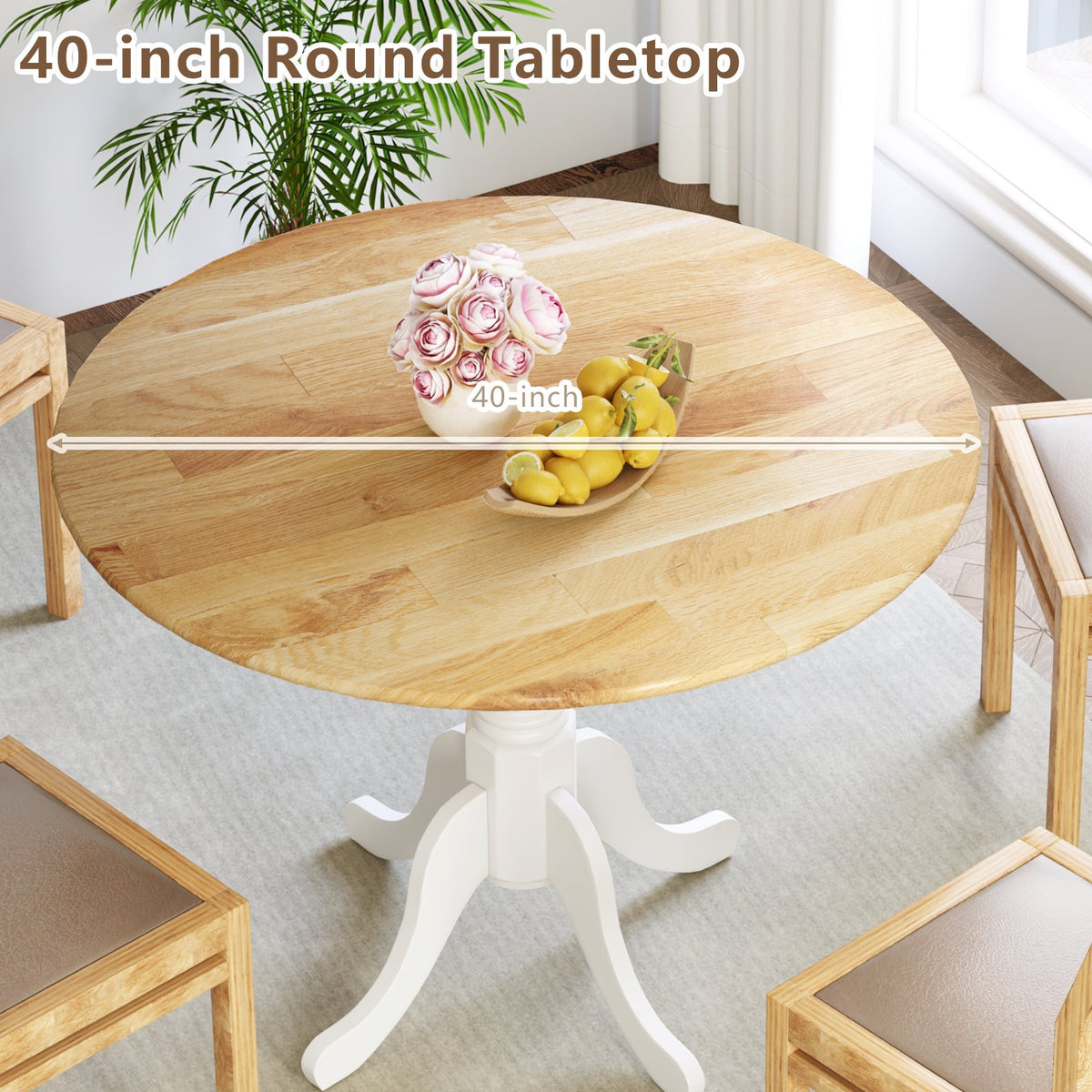 Wooden Dining Table with Round Tabletop and Curved Trestle Legs-Natural & White view 5