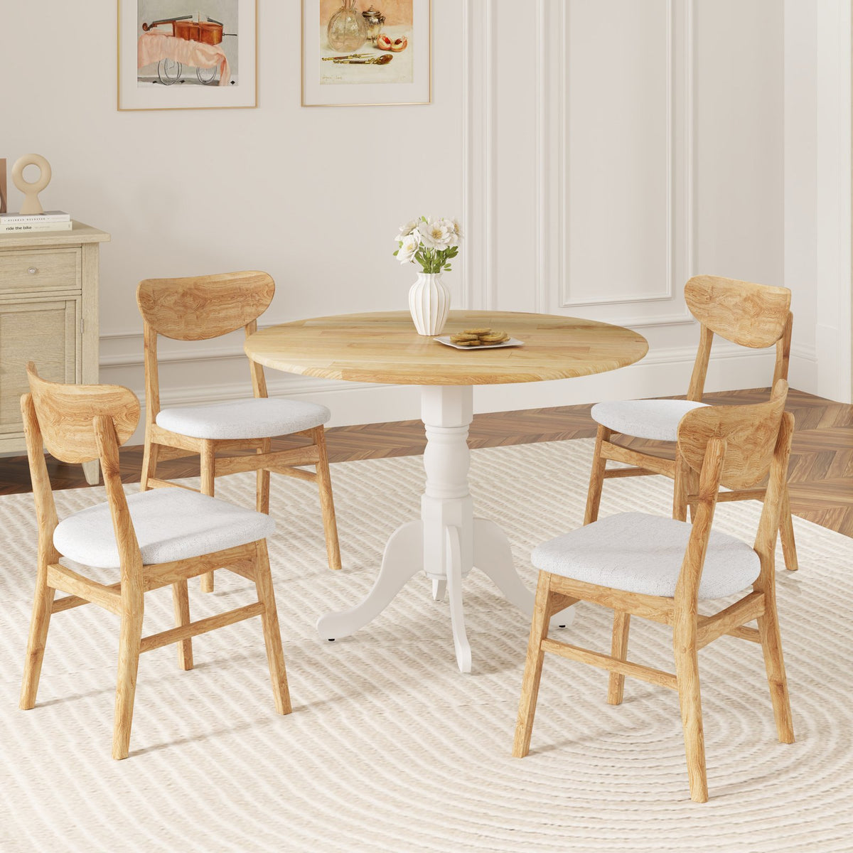 Wooden Dining Table with Round Tabletop and Curved Trestle Legs-Natural & White view 8
