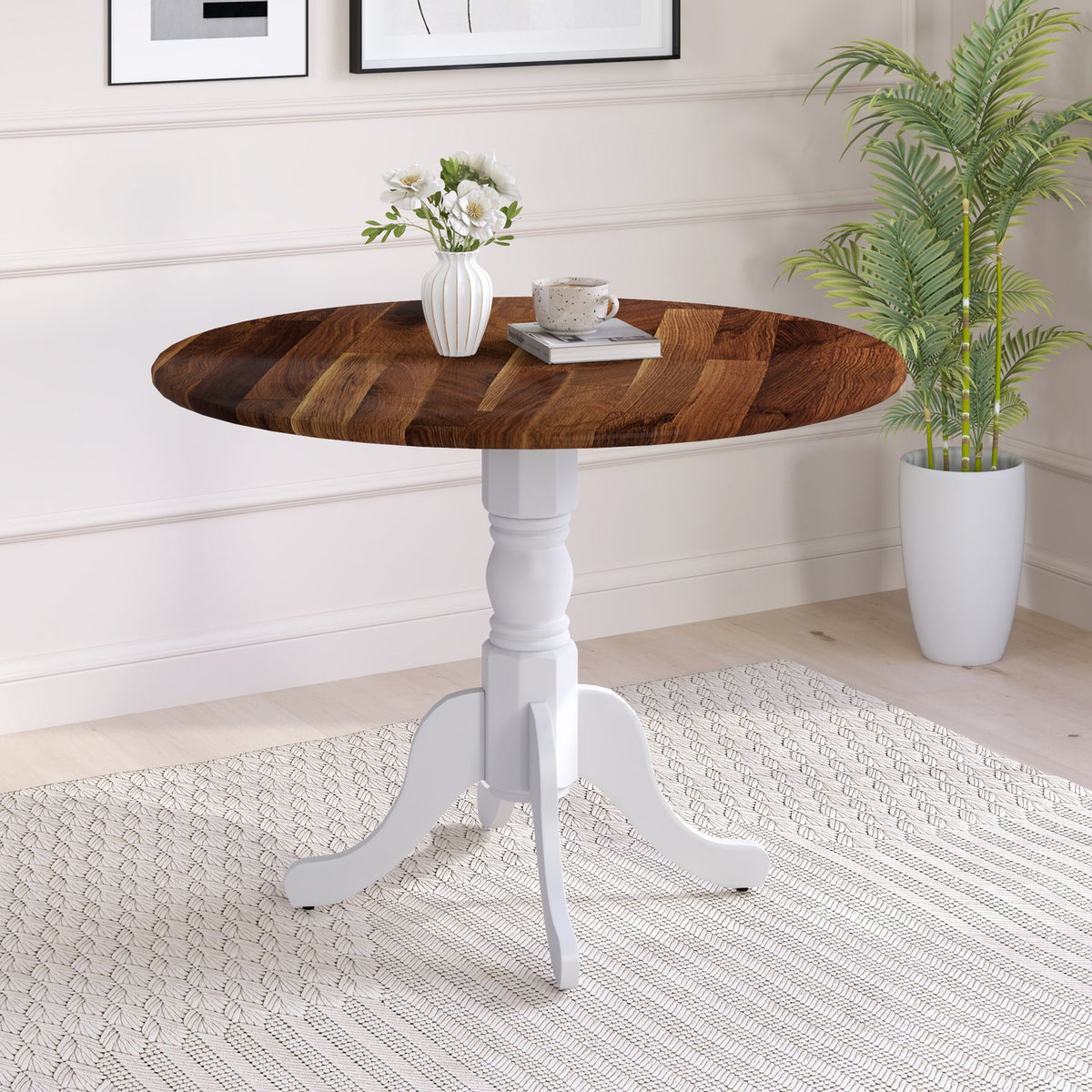 Wooden Dining Table with Round Tabletop and Curved Trestle Legs-Walnut & White view 2