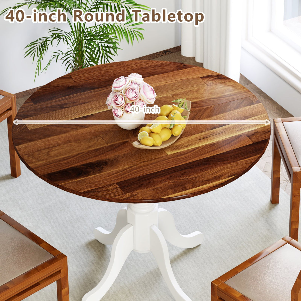 Wooden Dining Table with Round Tabletop and Curved Trestle Legs-Walnut & White view 5