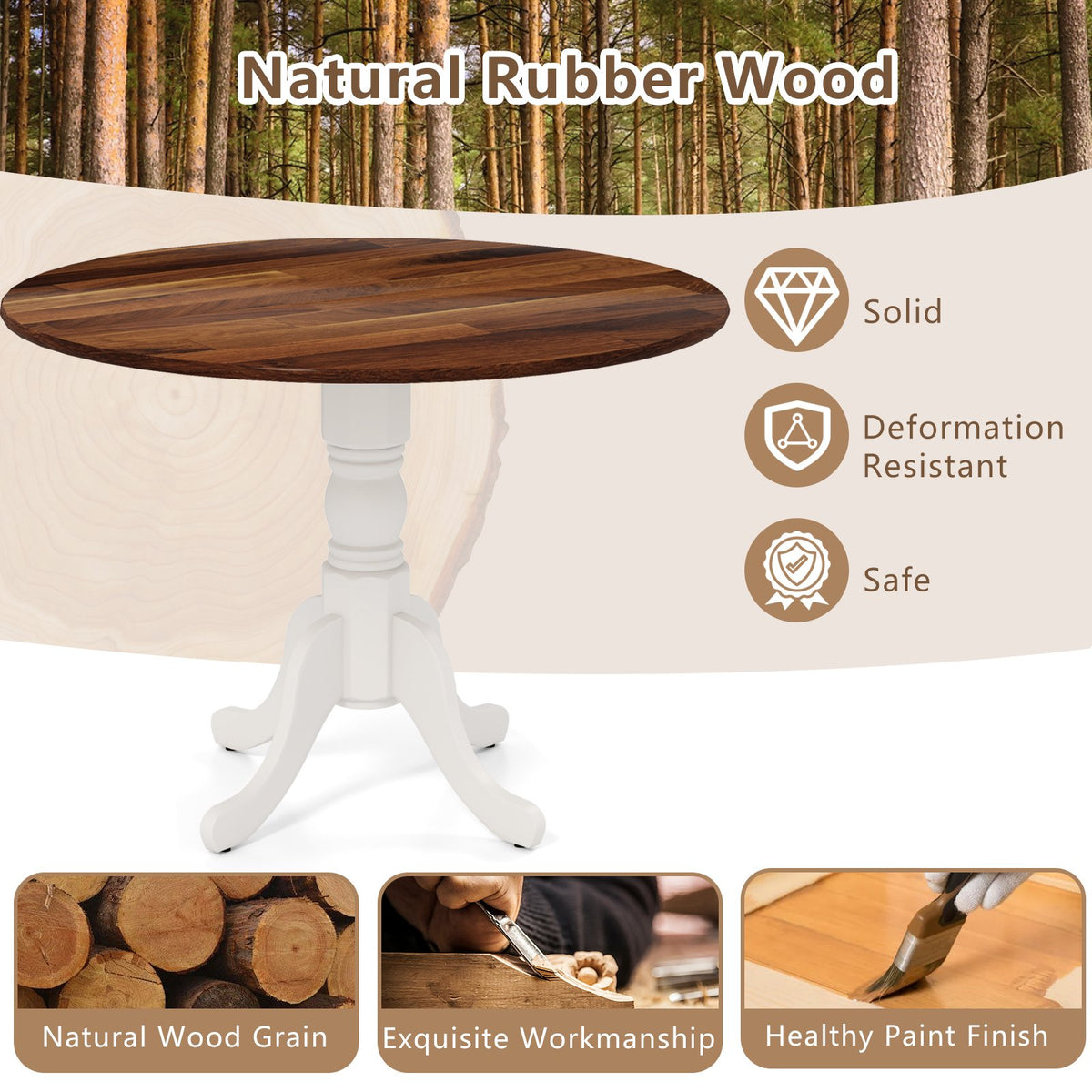 Wooden Dining Table with Round Tabletop and Curved Trestle Legs-Walnut & White view 7