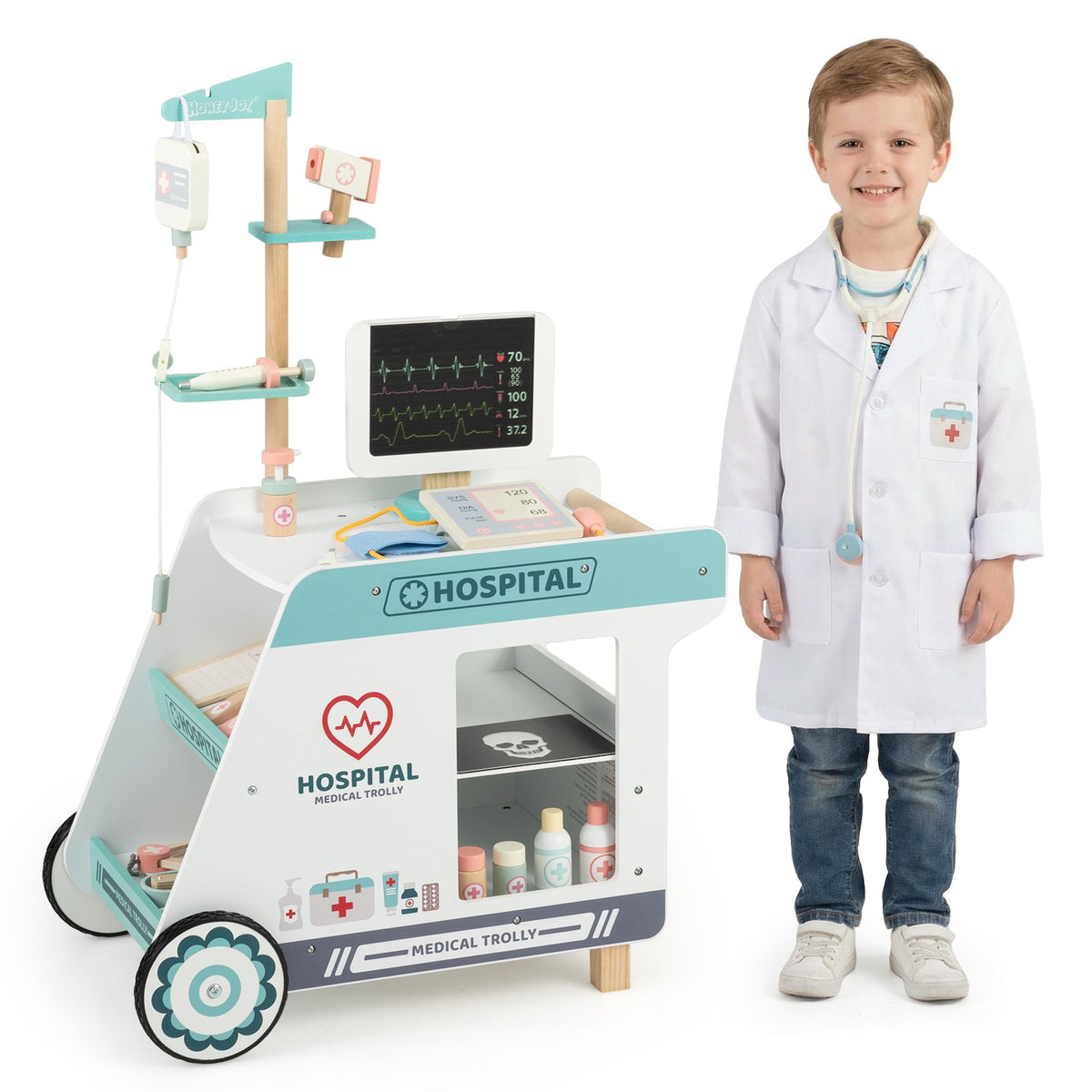 Wooden Doctor Playset for Kids Pretend Play Doctor Kit with Cart Gift for Toddlers Boys Girls Aged 3+-Green