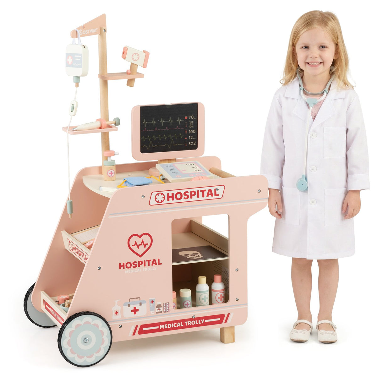 Wooden Doctor Playset for Kids Pretend Play Doctor Kit with Cart Gift for Toddlers Boys Girls Aged 3+-Pink