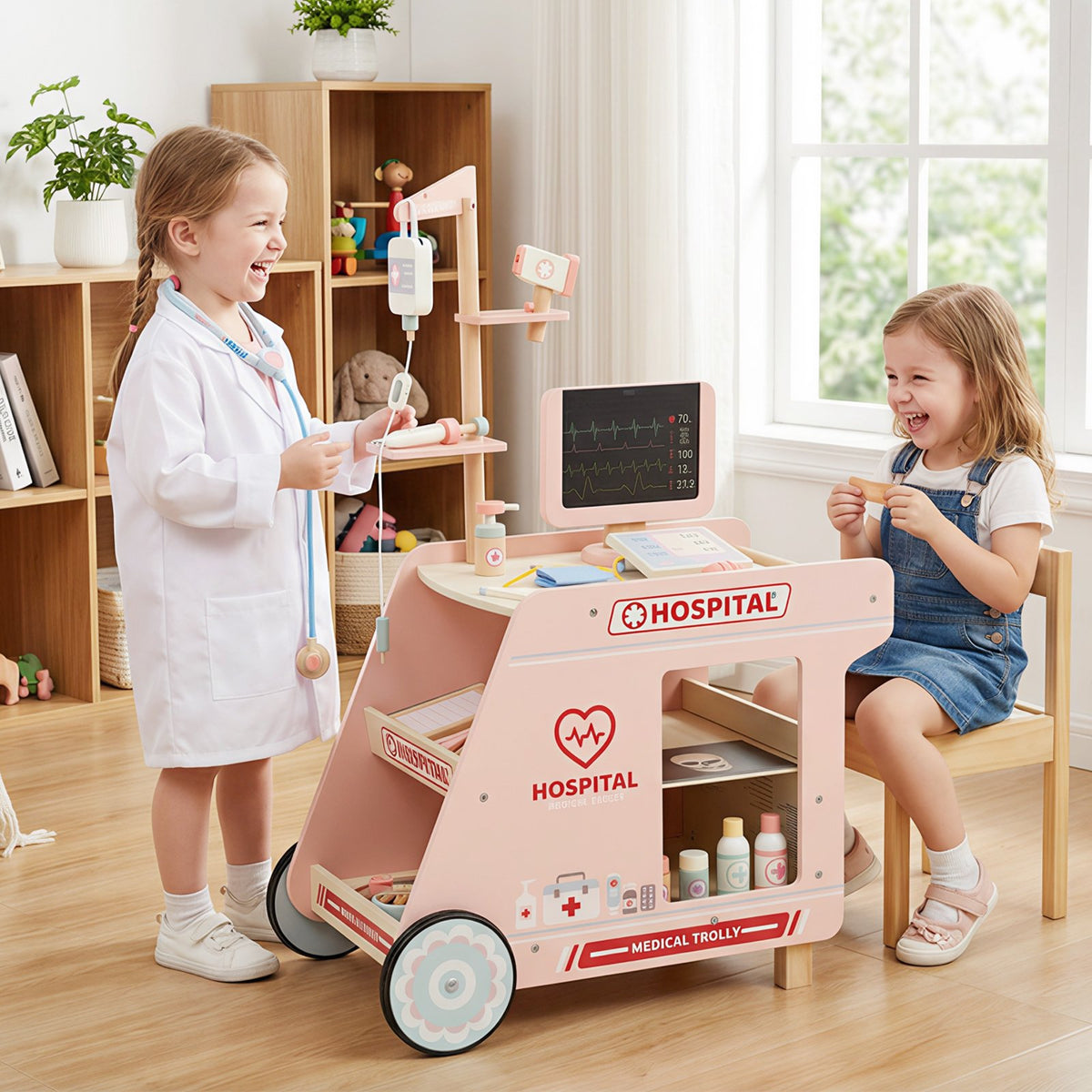 Wooden Doctor Playset for Kids Pretend Play Doctor Kit with Cart Gift for Toddlers Boys Girls Aged 3+-Pink view 2