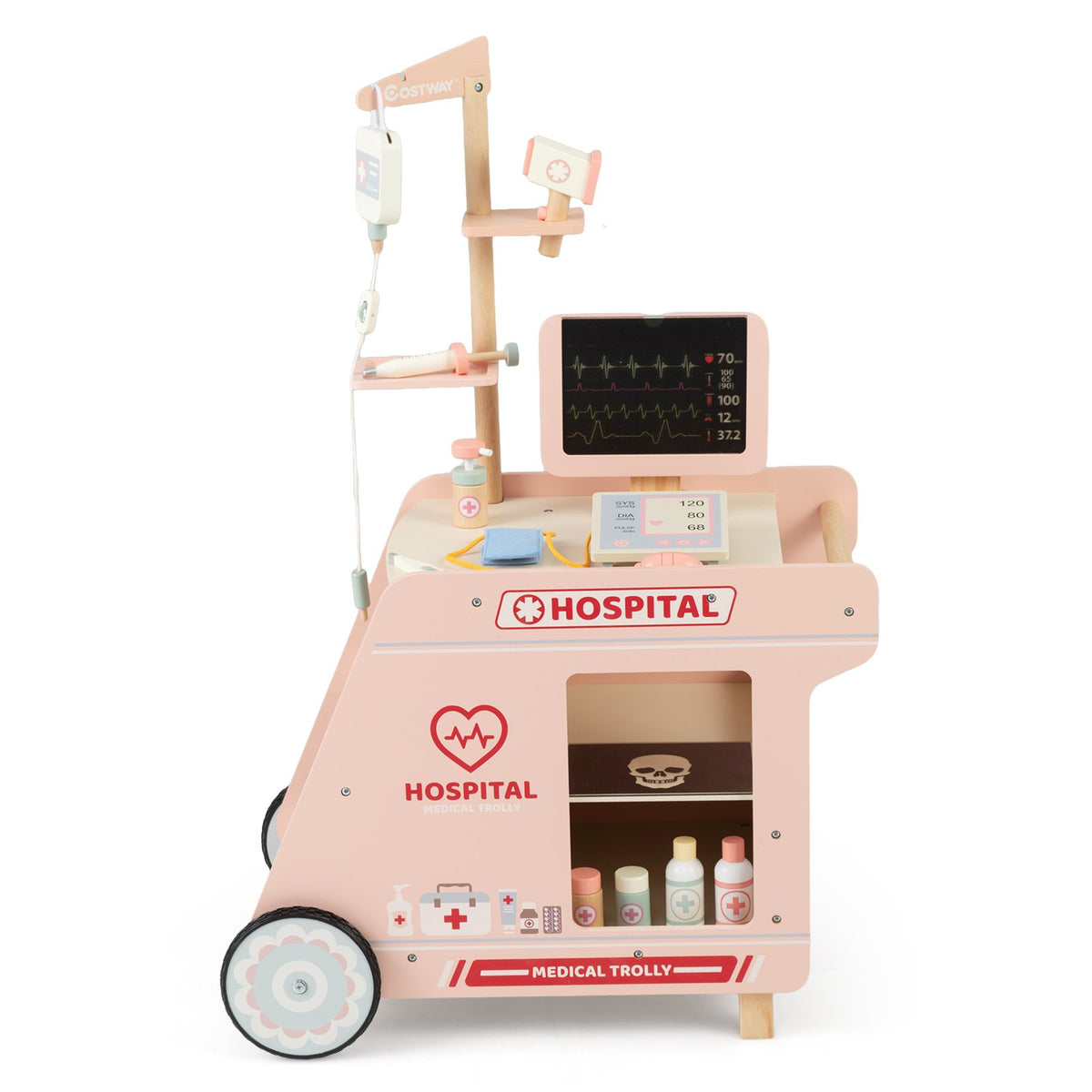 Wooden Doctor Playset for Kids Pretend Play Doctor Kit with Cart Gift for Toddlers Boys Girls Aged 3+-Pink view 3