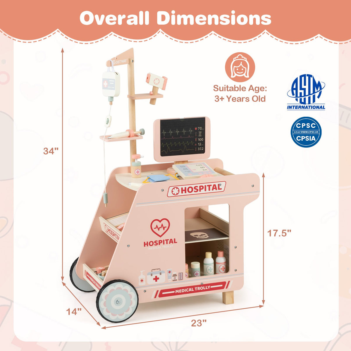 Wooden Doctor Playset for Kids Pretend Play Doctor Kit with Cart Gift for Toddlers Boys Girls Aged 3+-Pink view 4
